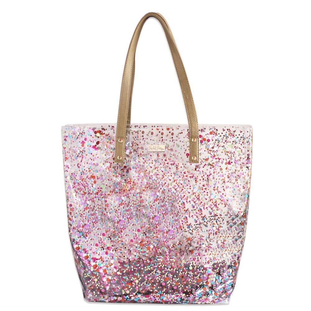 Rachel Parcell Womens Tote Bag Clear Glitter Beach Bag Stylish Fun Design